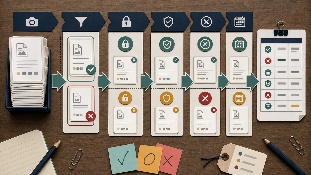 Workflow cards showing evidence snapshots moving through included rows, excluded rows, closeout state, claim boundary, and next review date.