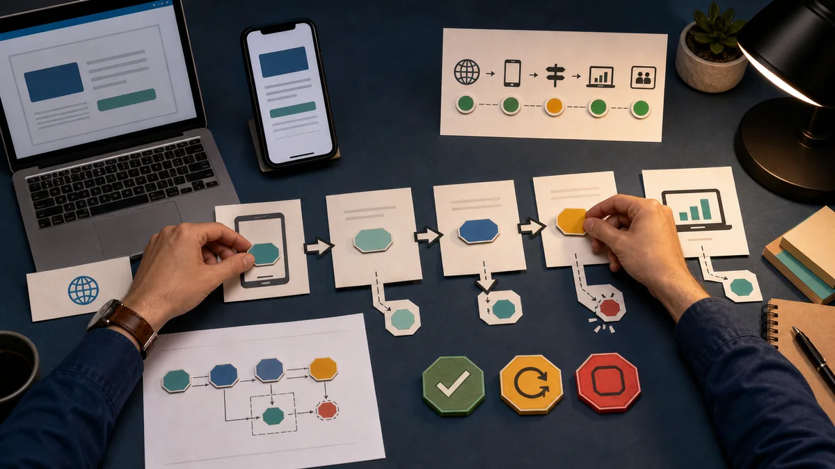 Launch-day QA workflow with desktop and mobile click paths, redirect checkpoints, source tokens, and pass revise hold markers.