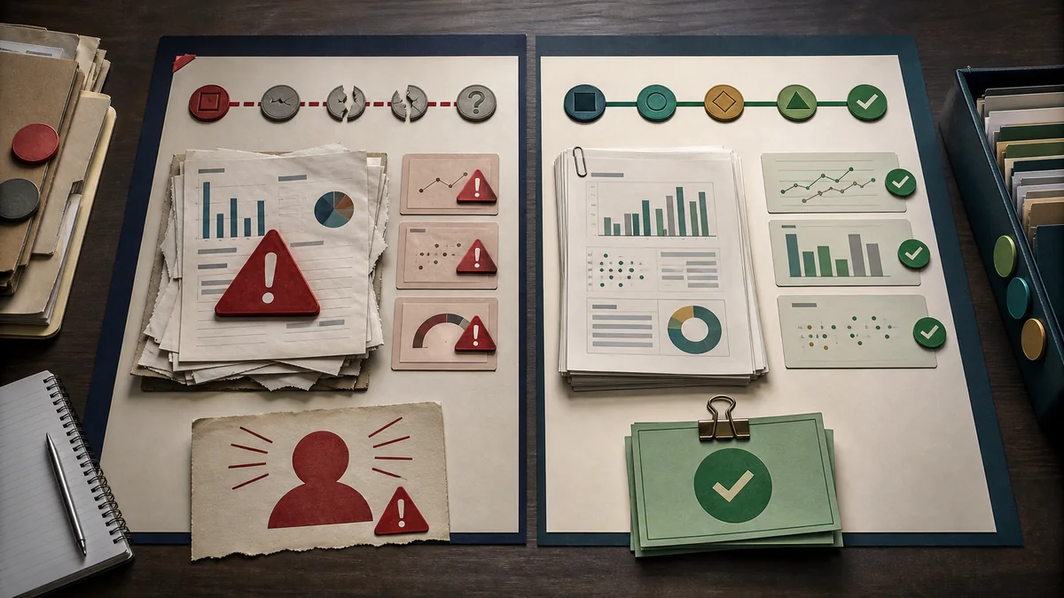 Side-by-side campaign readout boards contrasting broken source-trail warning markers with a clean bounded evidence packet.
