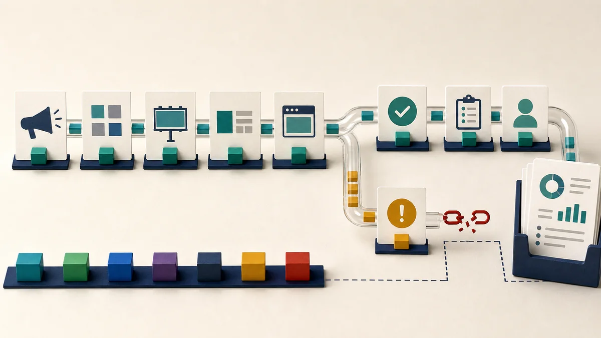 Identifier tokens flowing from ad placement through redirect, landing page, event capture, qualification, and reporting with one broken branch.