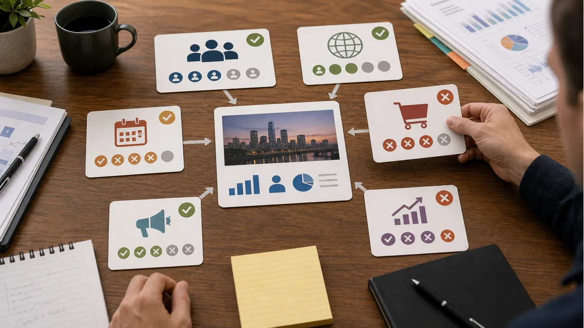 case study card surrounded by audience market timing and outcome transfer cards
