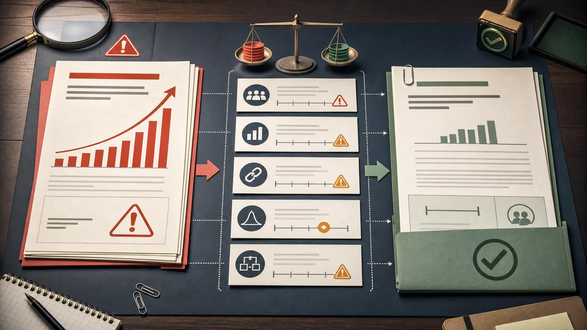 Review board showing a red overstated chart claim narrowed through evidence-limit checks into a green bounded evidence packet.