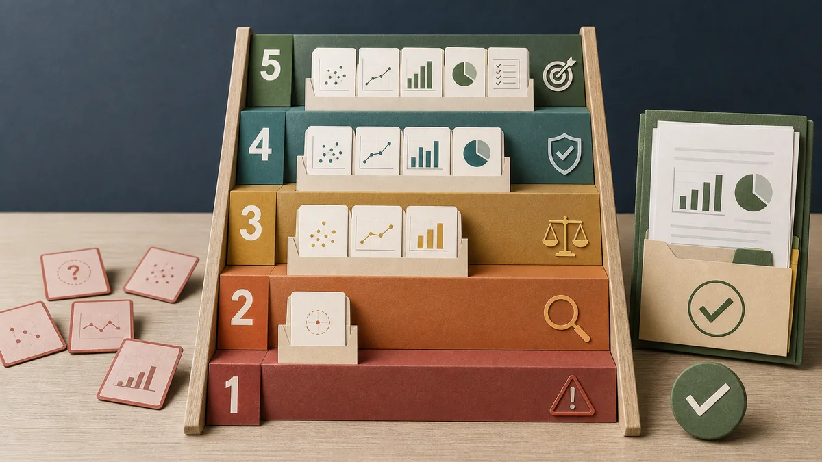Five-step confidence ladder where sparse evidence cards at the lower levels become complete source, trend, denominator, and checklist packets at the top.
