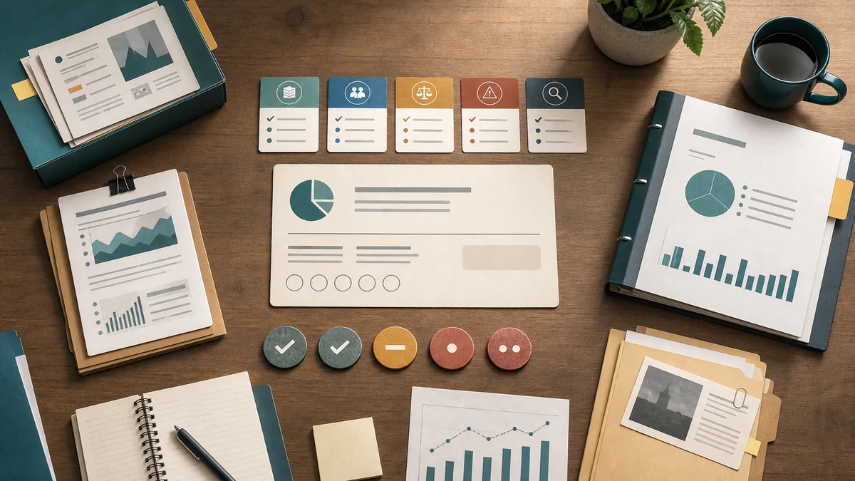 Evidence review desk with a central claim card surrounded by source, audience, comparison, caution, and search cards.