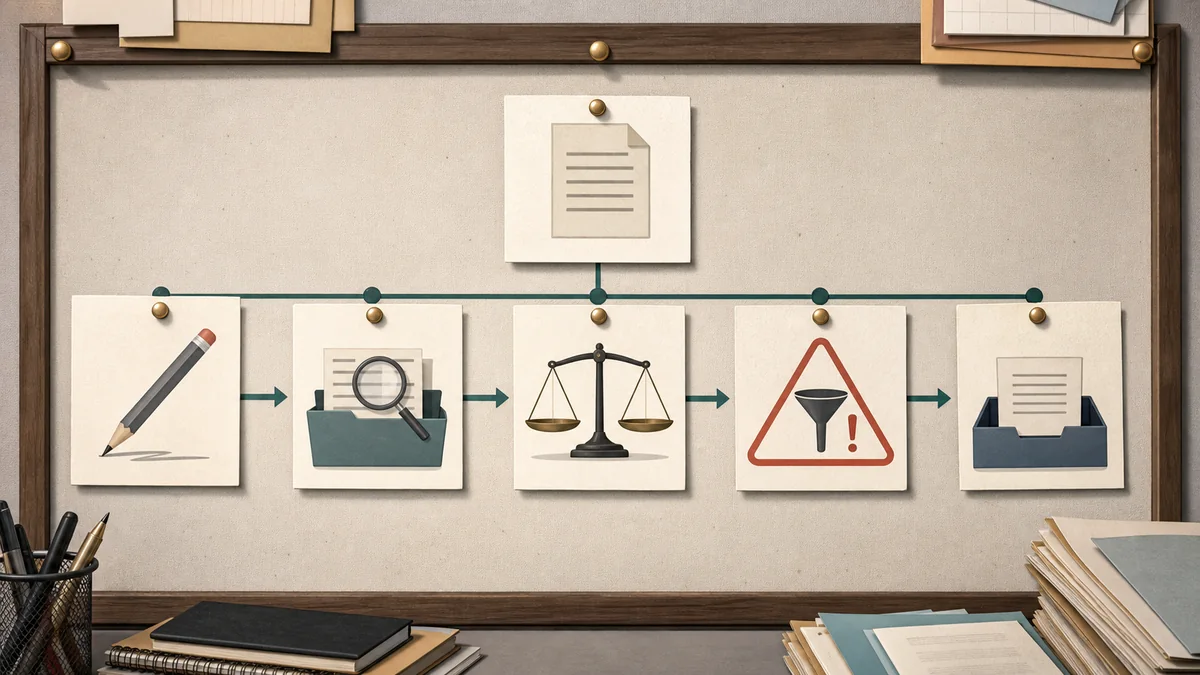Five-step review workflow moving from a draft claim through source folder, baseline scale, hidden-limit warning, and next evidence tray.