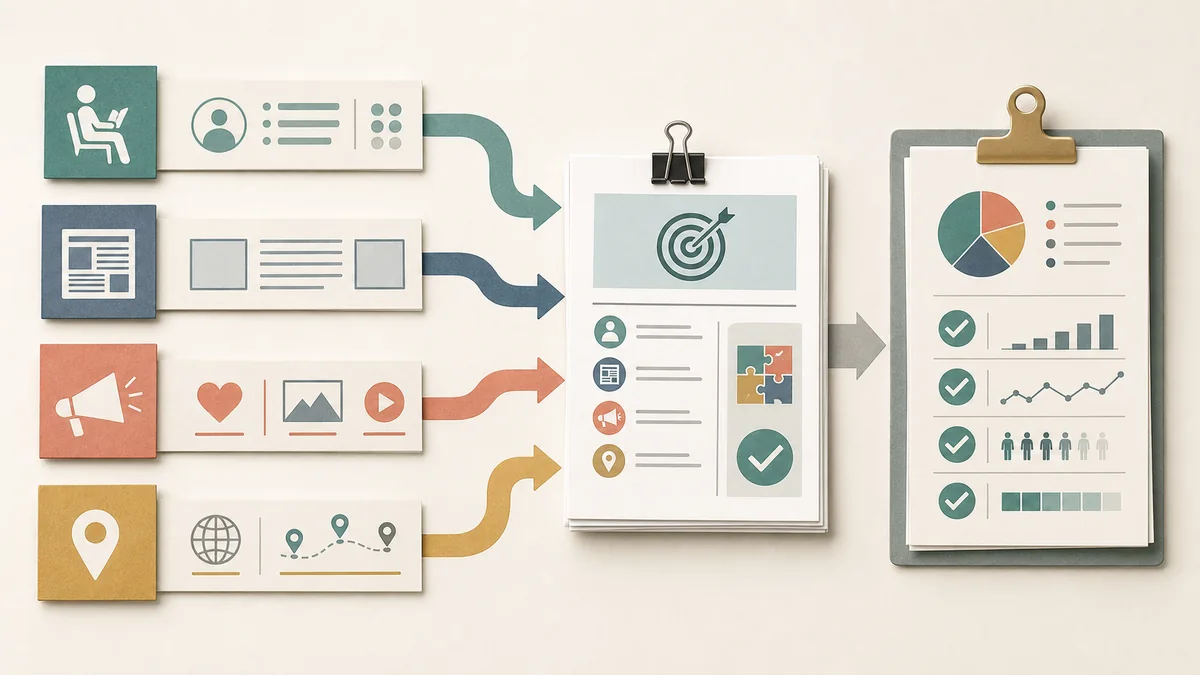 Contextual campaign model showing reader job, page context, creative promise, and destination fit flowing into a brief and measurement plan.