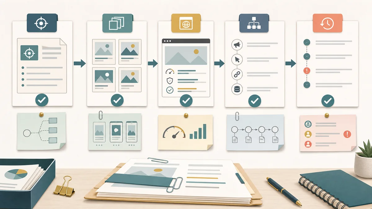 Pre-launch campaign handoff workflow with checkpoints for placement IDs, creative versions, landing page quality, source-trail fields, and change log.