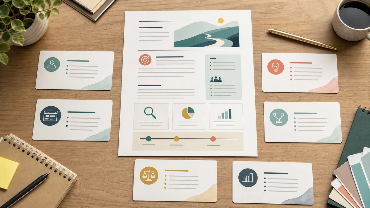 Campaign kickoff desk with a central brief sheet surrounded by cards for reader context, inventory, creative, outcomes, and comparison rules.