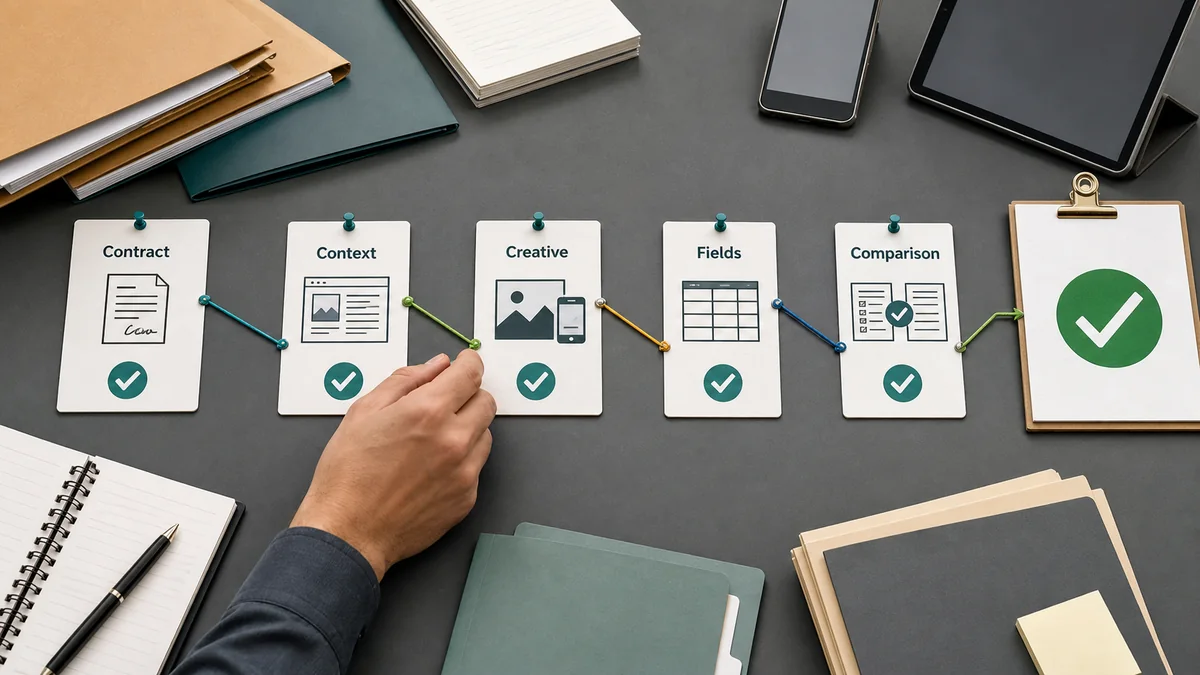 Pre-launch QA map with connected checks for contract, context, creative, fields, and comparison before a final approval mark.
