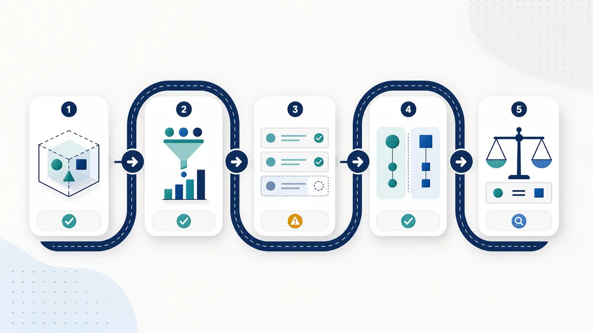 Five-step first-party signal gate workflow with cards for context export, eligibility, deduped events, destination quality, and comparison rule.