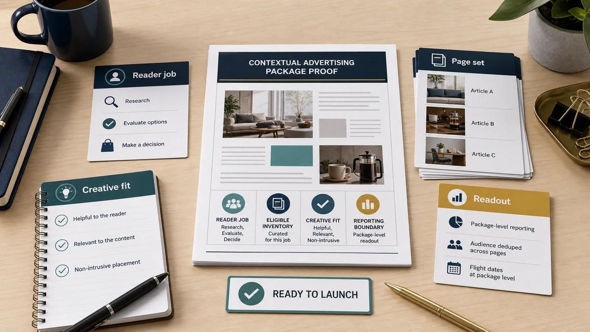 Contextual advertising package proof pack on an editorial review desk with cards for reader job, page set, creative fit, and readout boundary.