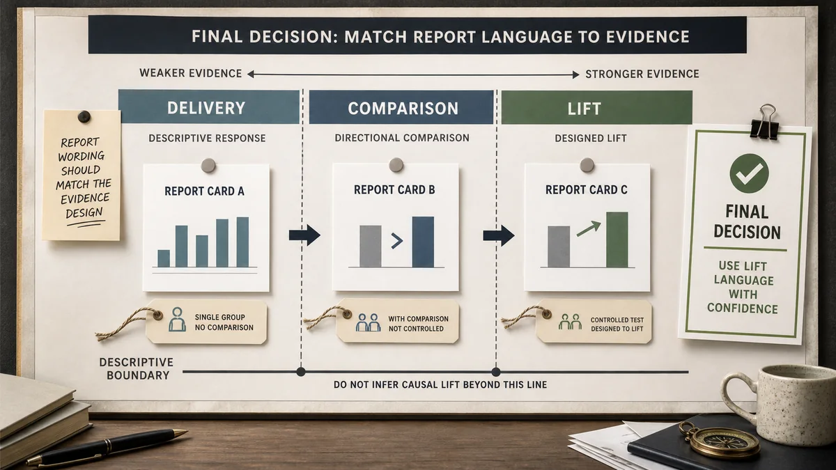 Decision board sorting report cards into delivery, comparison, and lift language based on the strength of evidence.
