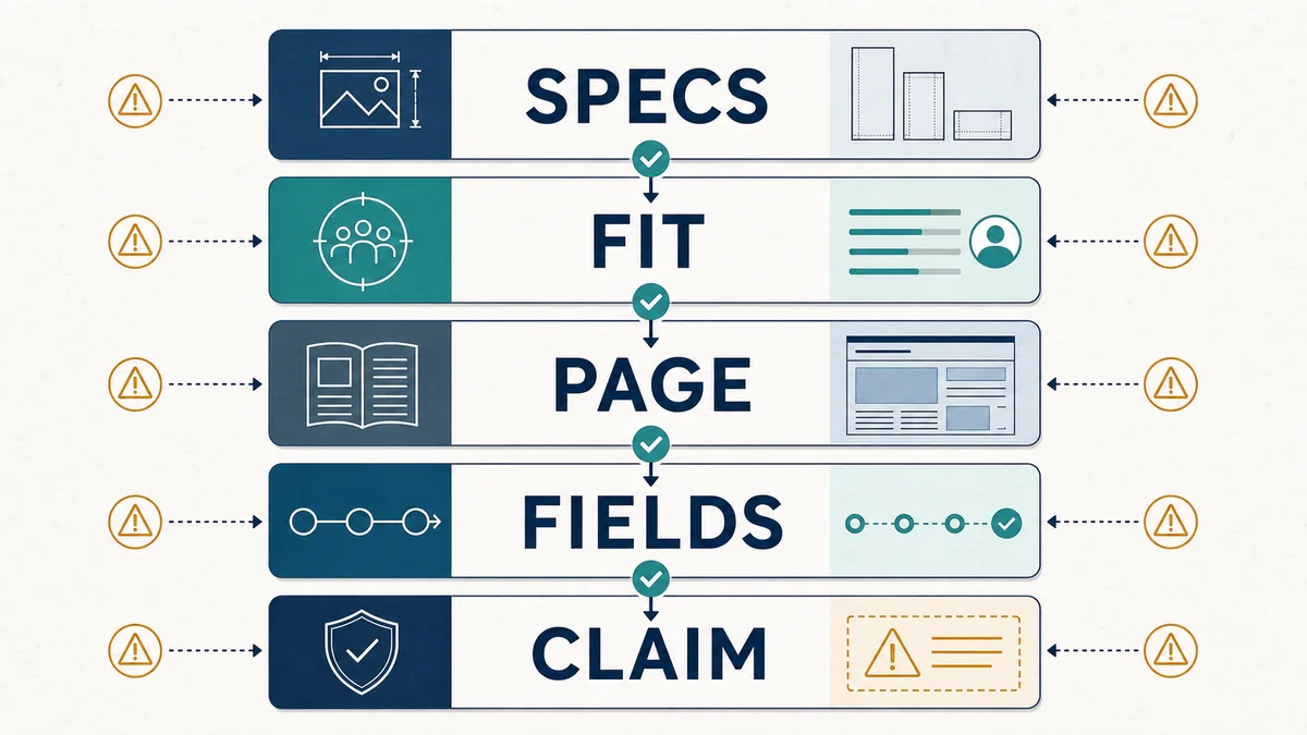 Five layer creative acceptance model covering specs fit page fields and claim boundary.