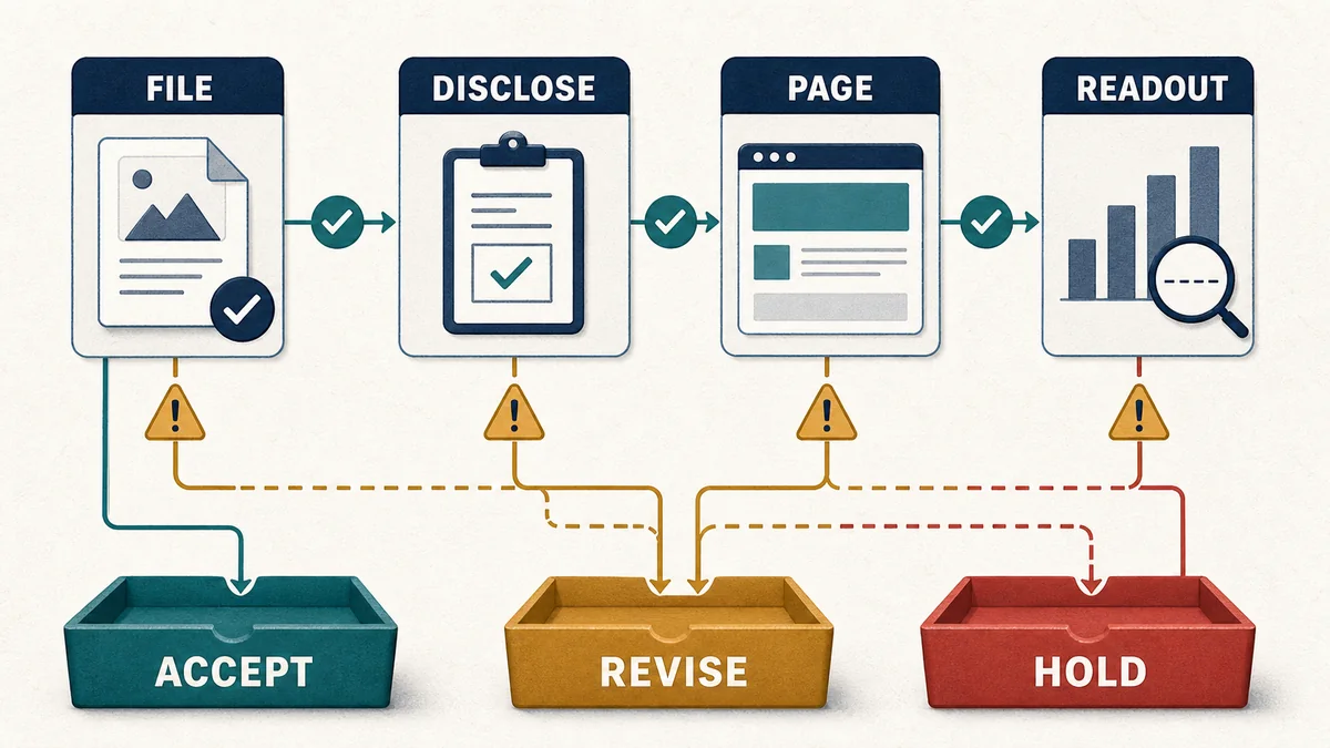 Creative acceptance workflow with file disclosure page and readout checkpoints routing to accept revise or hold trays.