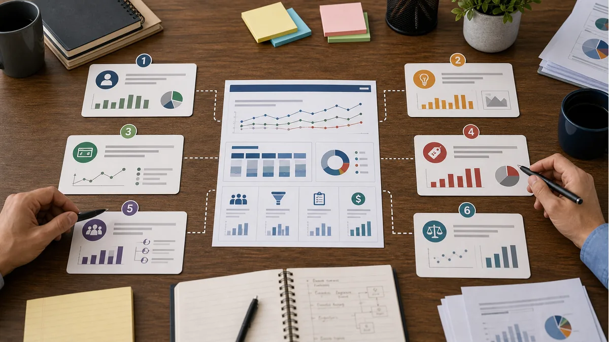 campaign response dashboard surrounded by diagnostic cards for context creative page routing and comparison