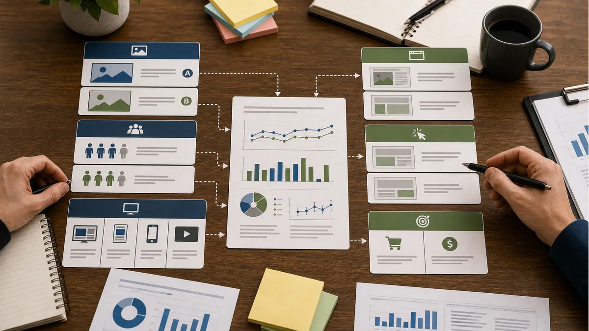 creative variant audience placement landing page and outcome cards feeding into a test readout