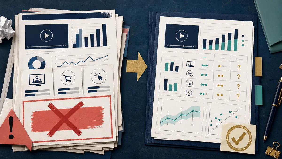 Video campaign readout board showing an overclaim rejected on one side and a bounded evidence packet accepted on the other.