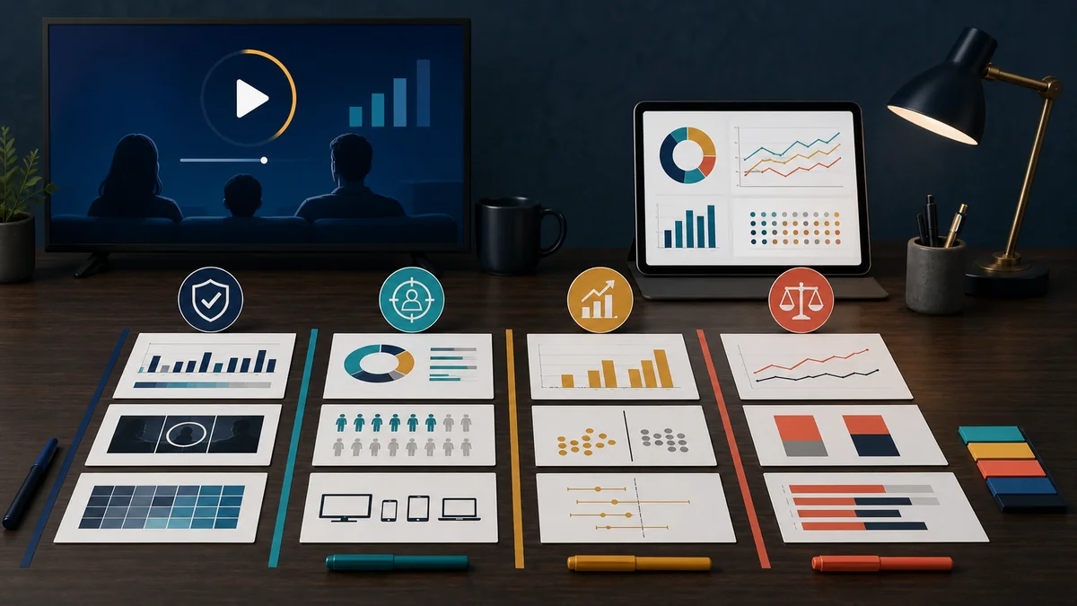 CTV campaign report review desk with delivery, exposure, survey, and outcome evidence separated into distinct lanes.