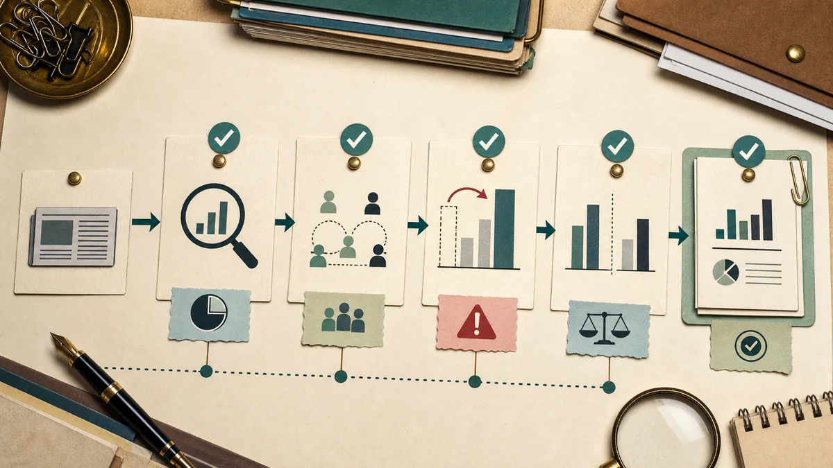 Five-step denominator audit workflow moving from a media claim through evidence checks into a calmer report card.