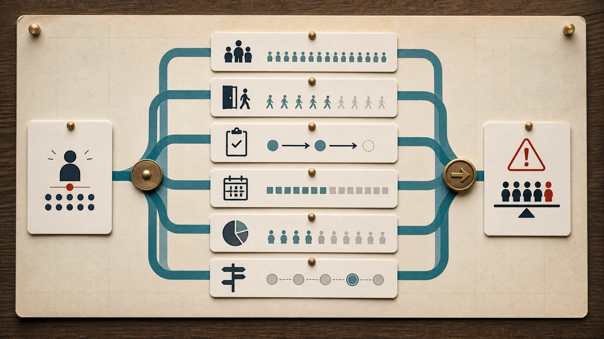 Evidence board showing one claim branching into several possible denominator bases before a decision card.