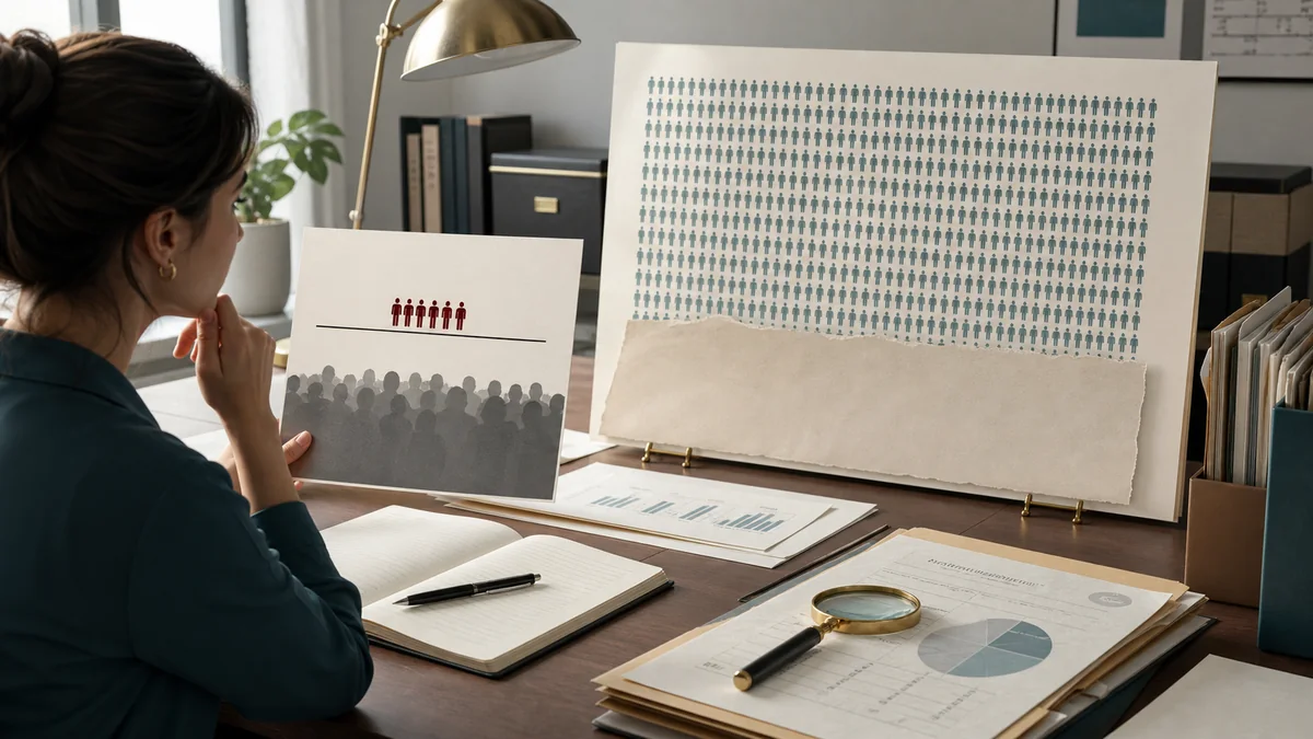 Reader comparing a small highlighted count with a much larger hidden population base on an evidence board.