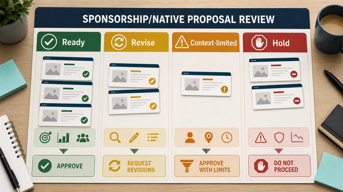 Direct sponsorship proposal decision board sorting anonymous native cards into ready, revise, context-limited, and hold outcomes.
