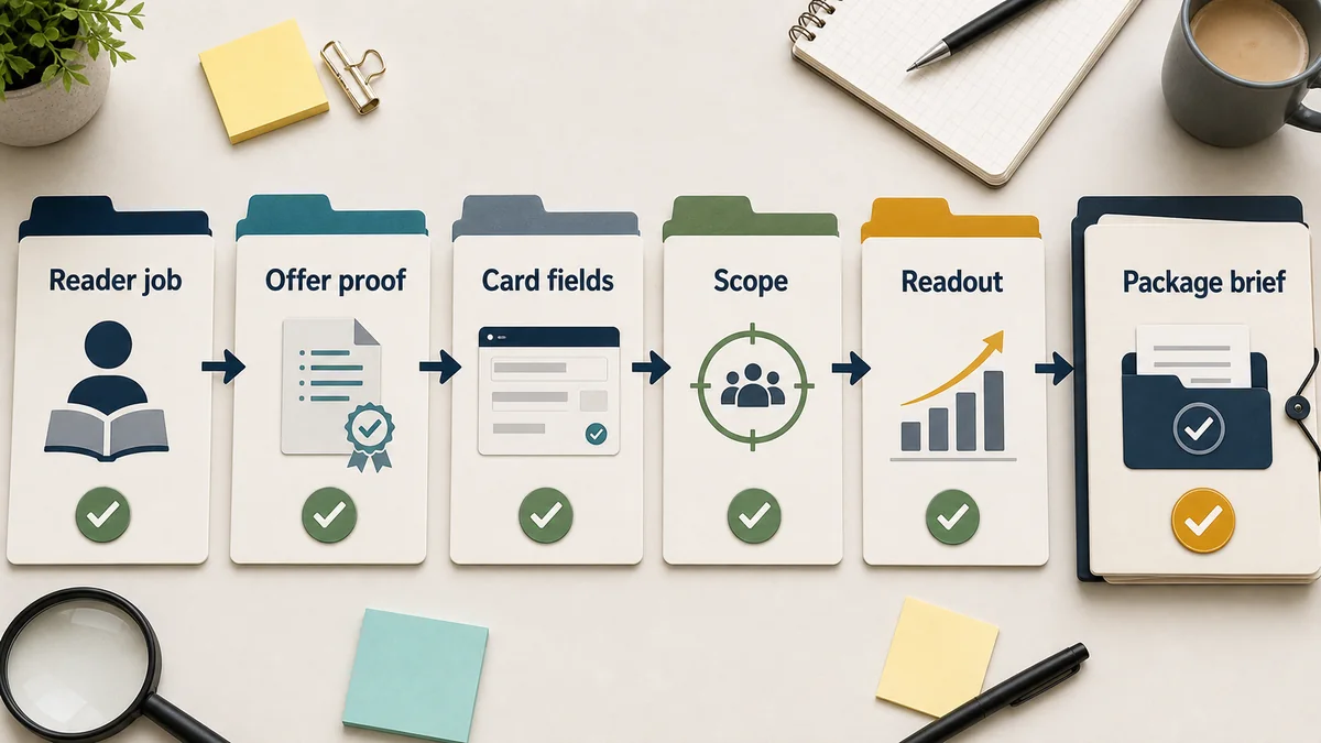 Six proof-record folders flowing from reader job and offer proof through card fields, scope, readout, and package brief.
