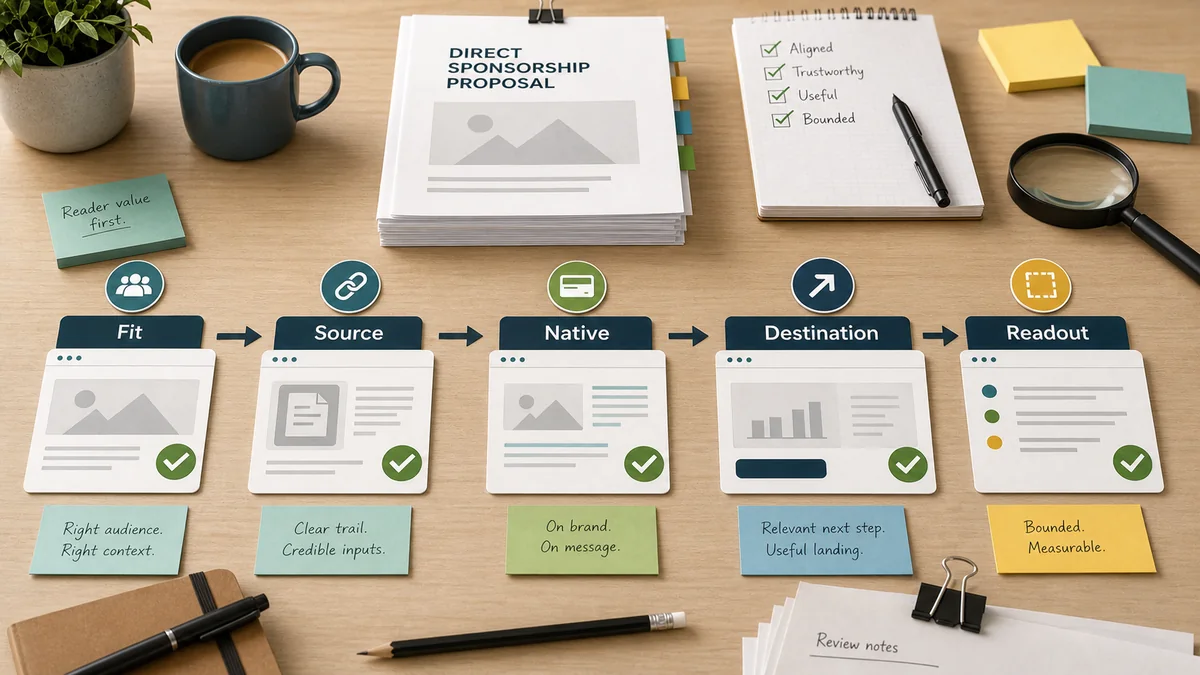 Direct sponsorship proposal packet on an editorial review desk with cards for fit, source trail, native unit, destination, and readout boundary.
