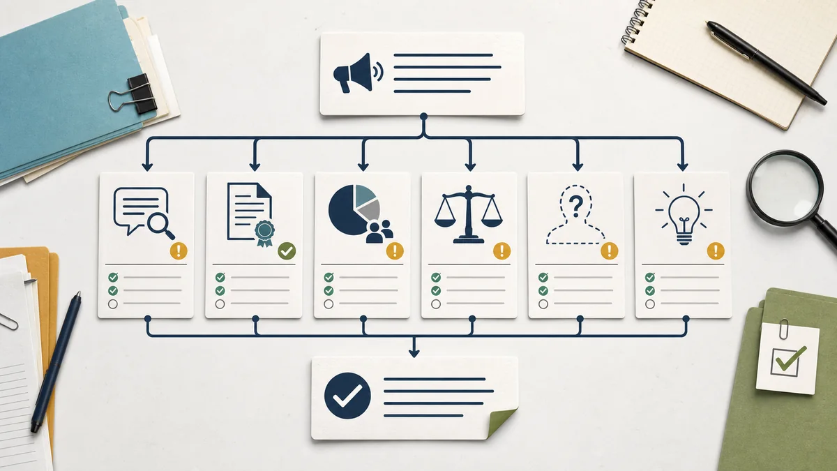 Branching workflow map from a central claim card to source, denominator, comparison, missing role, alternate explanation, and final wording checks.