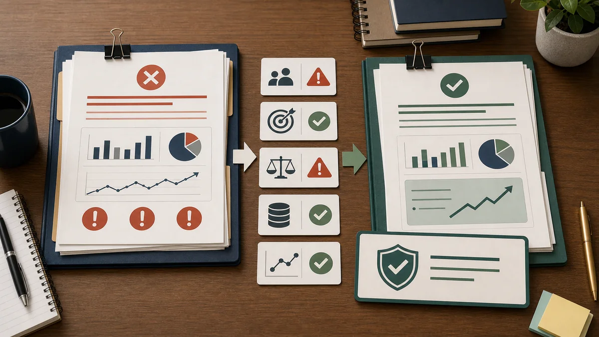 Claim downgrade example showing an overextended report packet moving through evidence checks into a bounded approved recommendation.