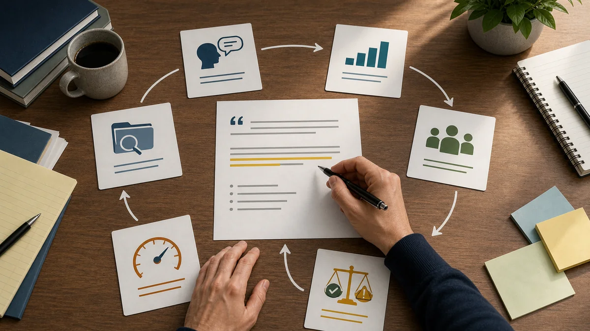 Six-question claim edit pass with a central draft sentence surrounded by source, audience, chart, comparison, verb-strength, and confidence cues.