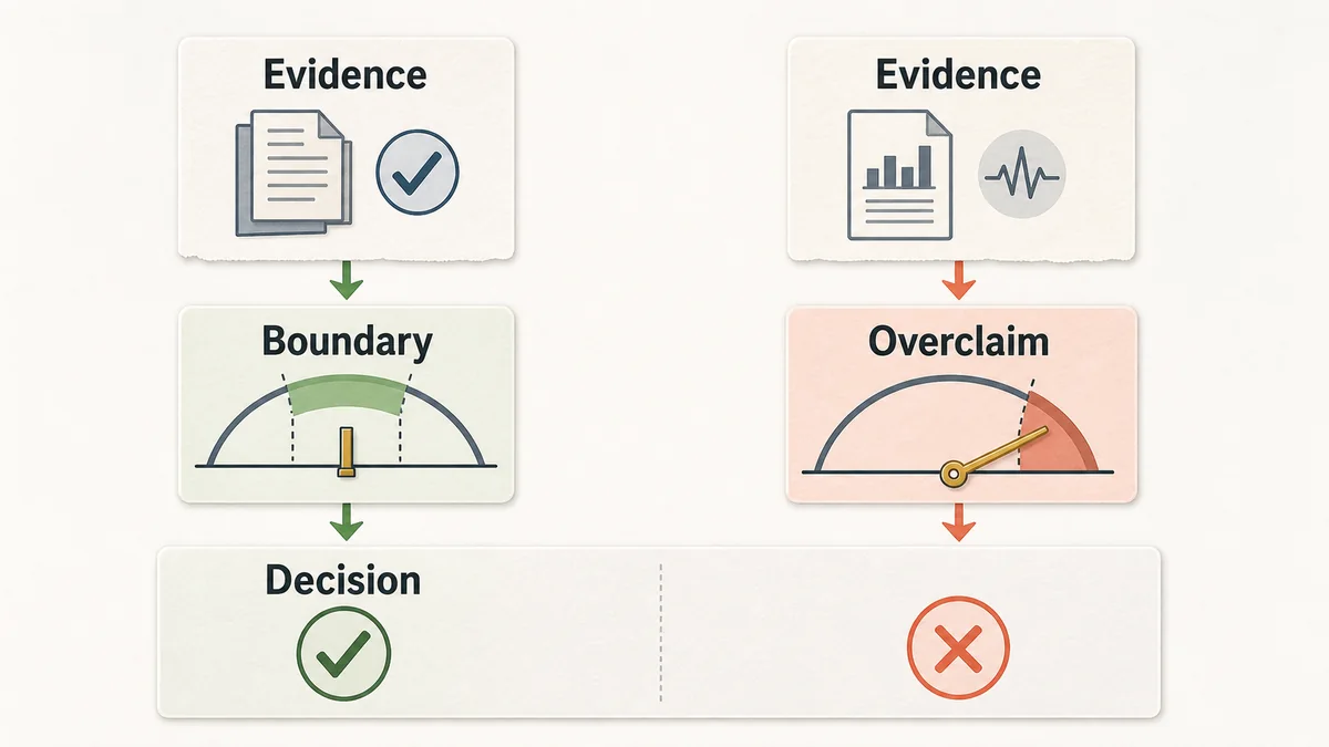 Two-column first-party signal decision board contrasting evidence boundary decision language with overclaim risk.