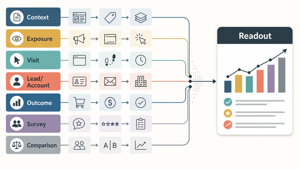 First-party signal families flowing from context, exposure, visit, lead account, outcome, survey, and comparison records into a campaign readout.