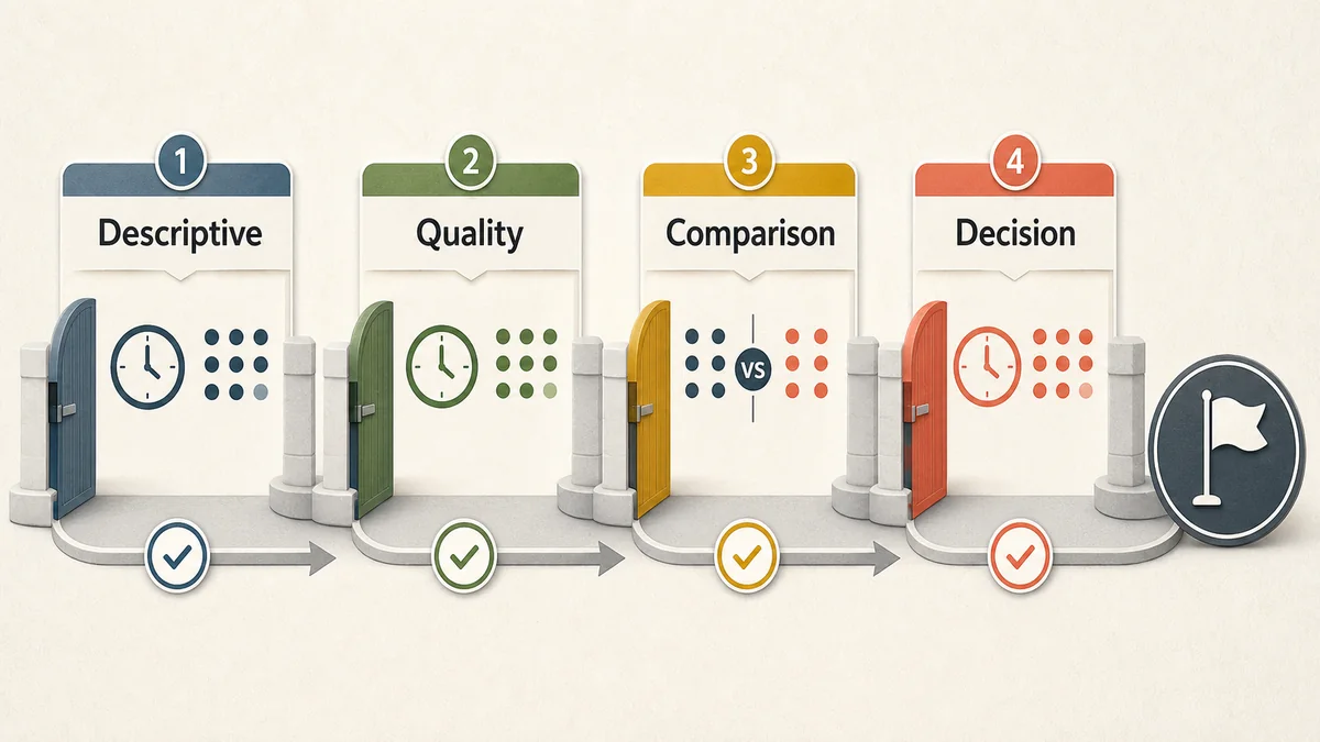 Four readiness gates labeled descriptive, quality, comparison, and decision with checks and timing icons.