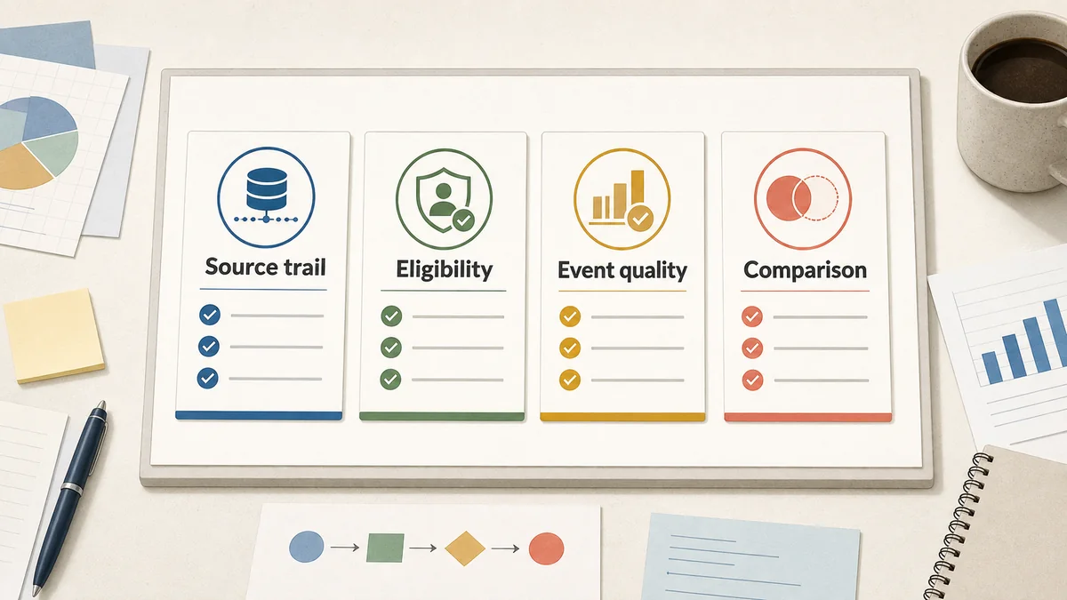 Four first-party signal readiness cards for source trail, eligibility, event quality, and comparison on a campaign review desk.