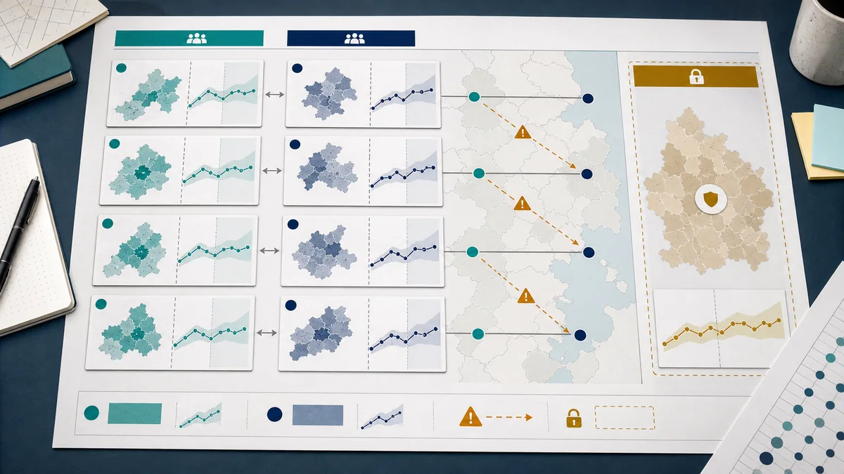 Planning-board illustration showing paired geo test markets, similar pre-period trend lines, a protected holdout region, and blocked leakage paths.