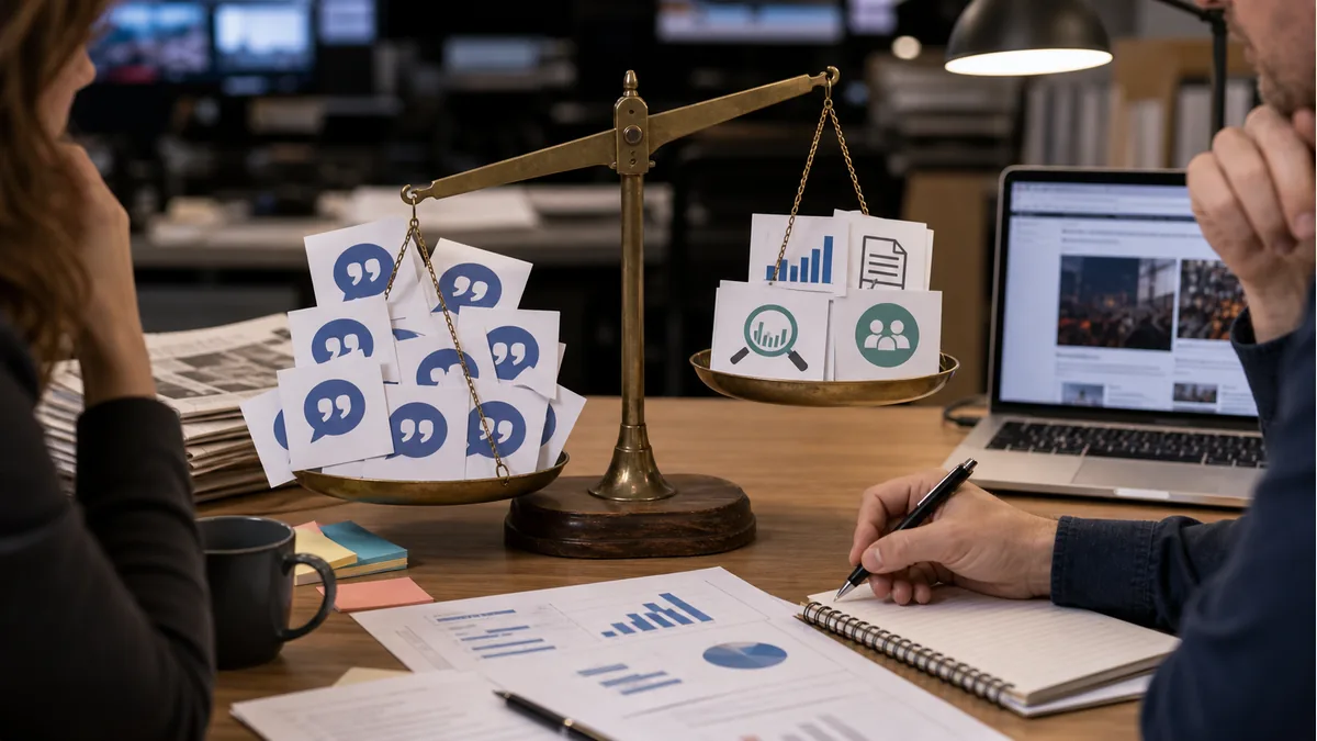 balanced evidence cards and quote cards on a newsroom desk