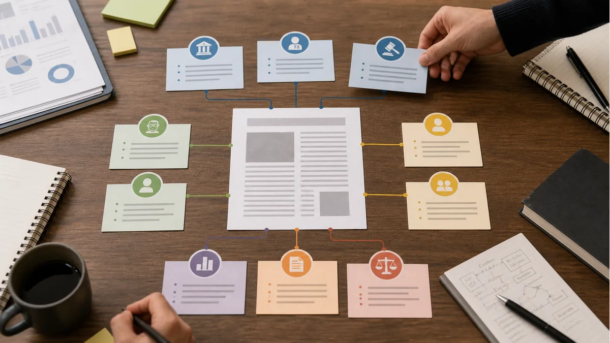 source cards arranged around an article draft to show source balance