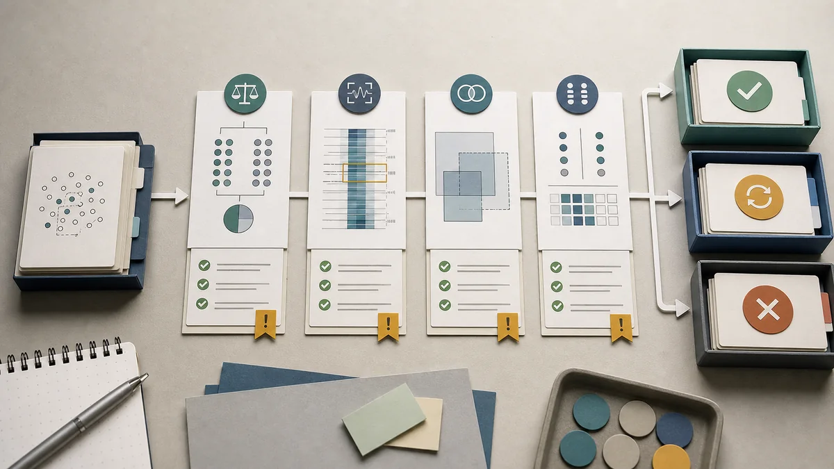 In-flight holdout QA workflow with count, exposure, overlap, and observation checks leading to pass, revise, or hold decision trays.