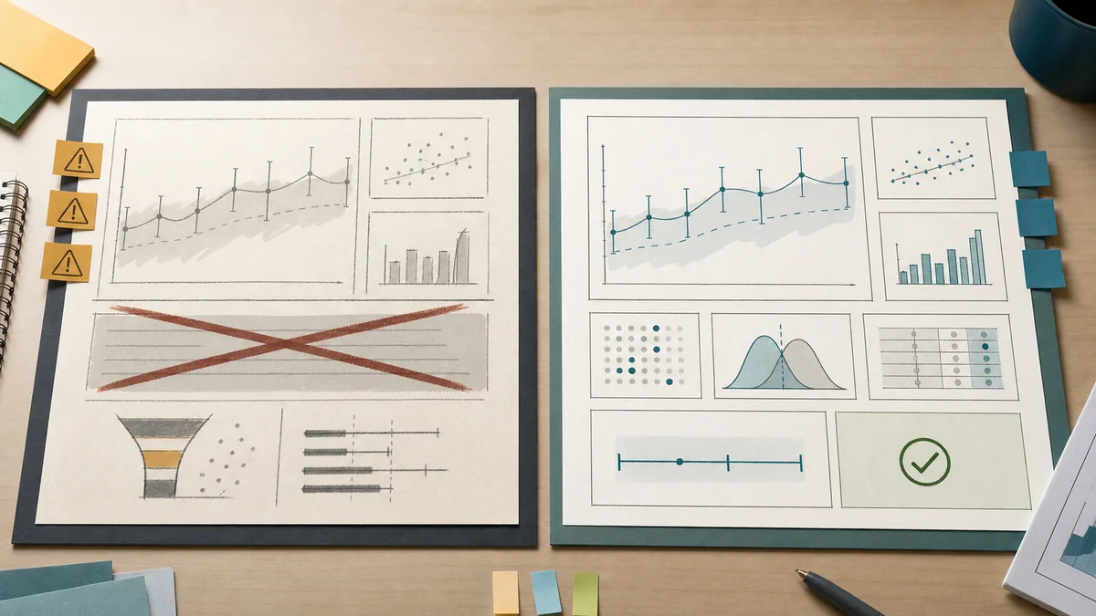 Side-by-side readout boards contrasting an overclaimed lift result with leakage warnings against a bounded recommendation supported by suppression evidence.
