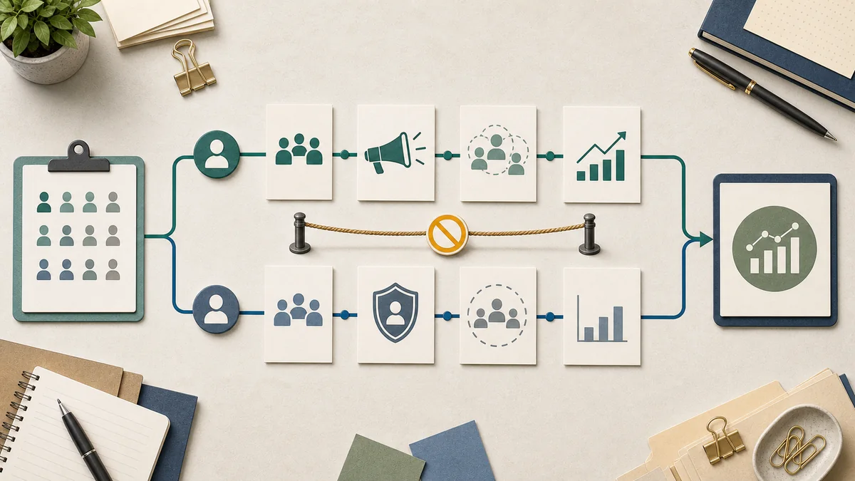 Treatment and control lanes separated by a protected barrier, both ending at a shared outcome measurement card.