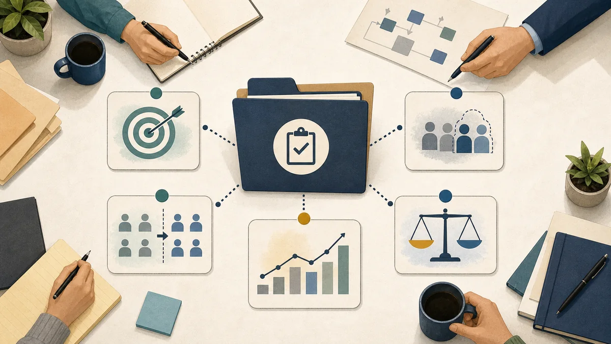 Editorial planning desk with a central decision folder connected to evidence cards for target, assignment, audience, outcome, and balance checks.