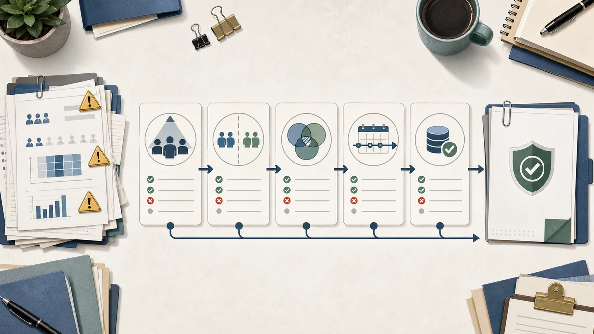 Incrementality test leakage workflow moving messy campaign papers through audience, separation, overlap, timing, and outcome-capture checks into a protected evidence packet.