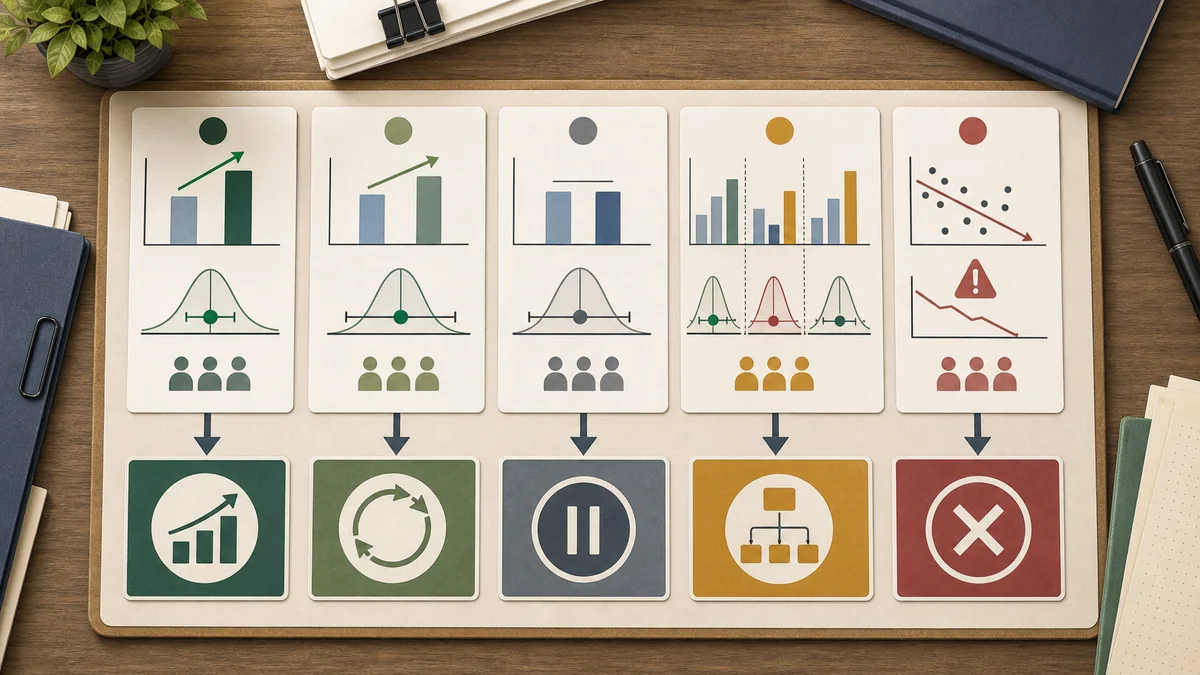 Decision board showing lift result cards, uncertainty intervals, mixed segments, and compliance failure symbols routed to scale, retest, pause, segment review, and reject-causal-claim outcomes.