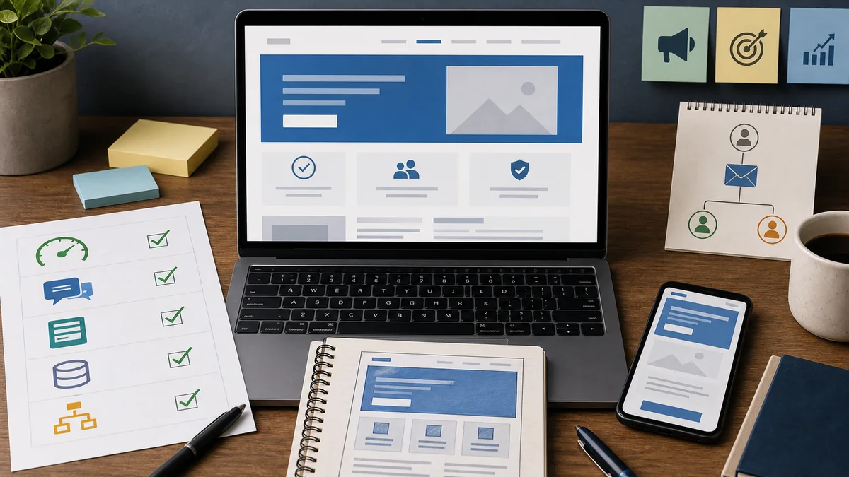 Landing page launch review desk with a laptop preview, mobile page, checklist, speed, message, form, tracking, and routing cues.