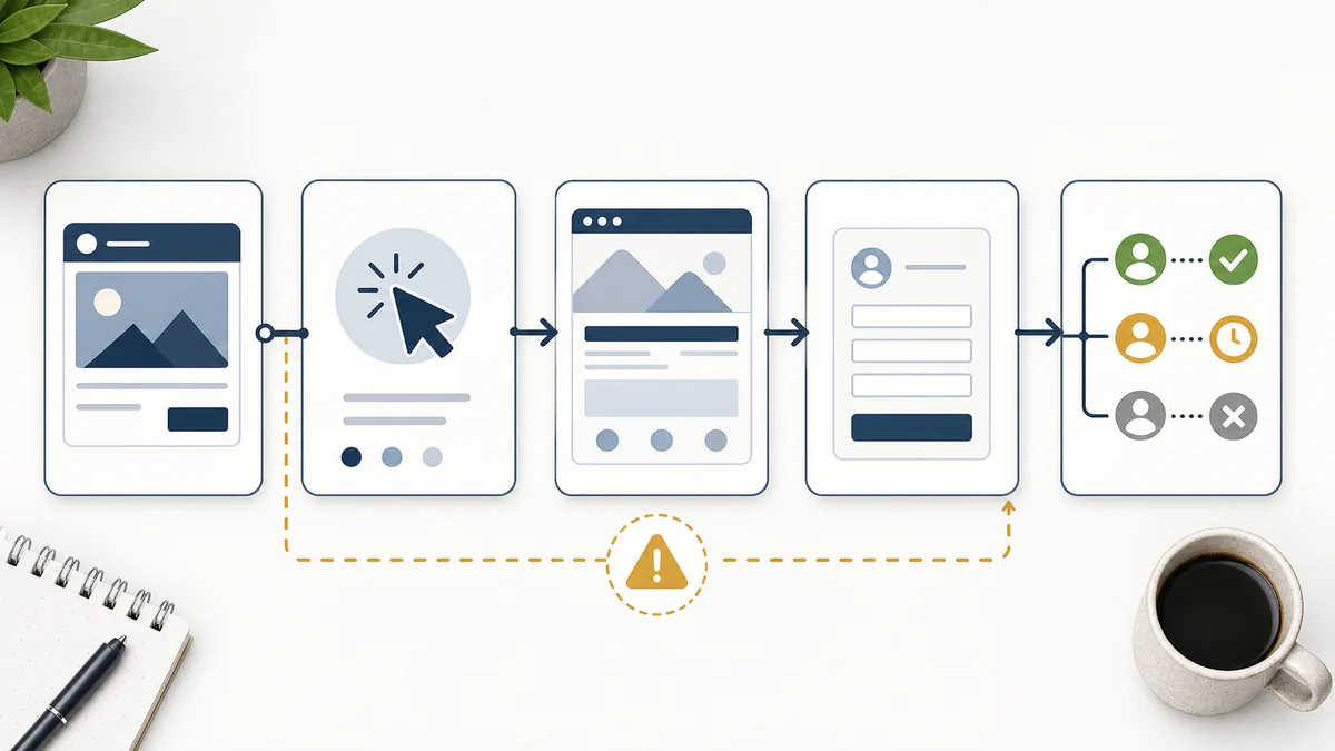 Campaign evidence flow from ad card to click path, landing page, form record, and routed lead-quality outcomes with a caution marker on the source trail.