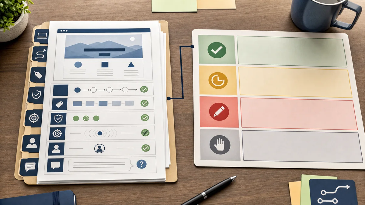 Landing page launch handoff packet connecting destination evidence cards to a final decision board with accept, limitation, revise, and hold areas.
