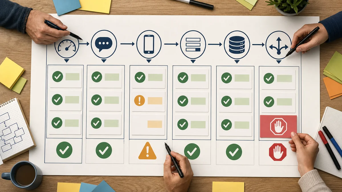 Landing page launch QA board with speed, message, mobile, form, tracking, and routing lanes marked with pass, revise, and hold symbols.