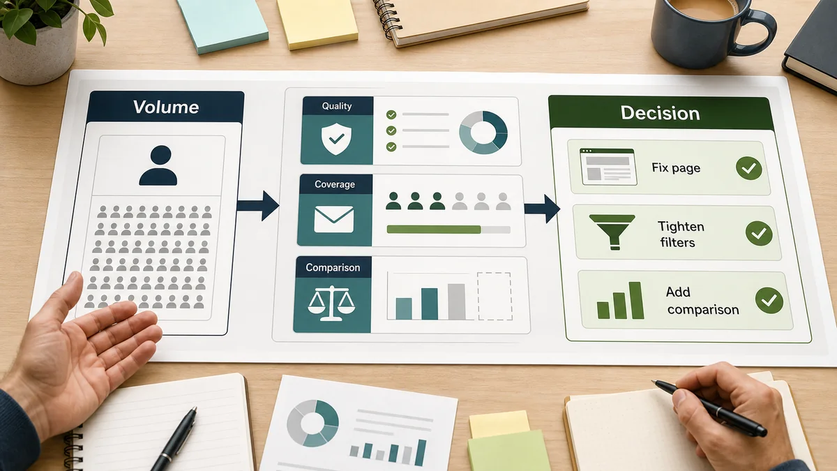Lead quality decision board translating volume, quality, coverage, and comparison checks into bounded actions.