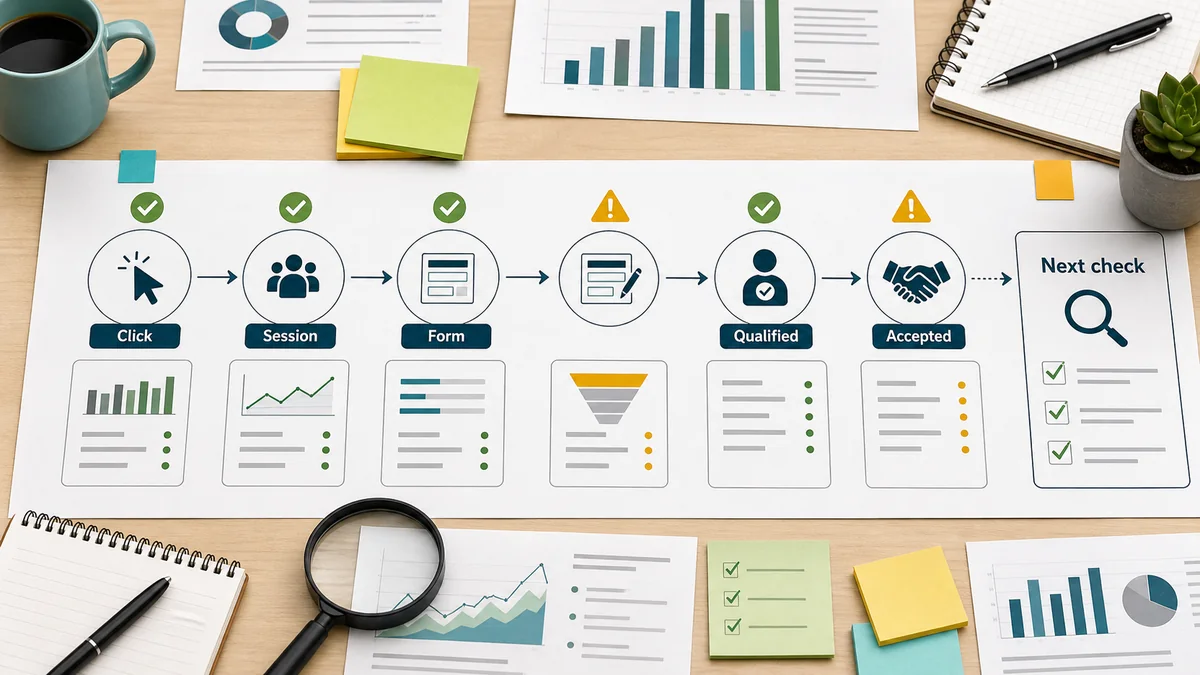 Lead generation diagnostic path with checkpoints for click, session, form, qualified lead, accepted lead, and next check.